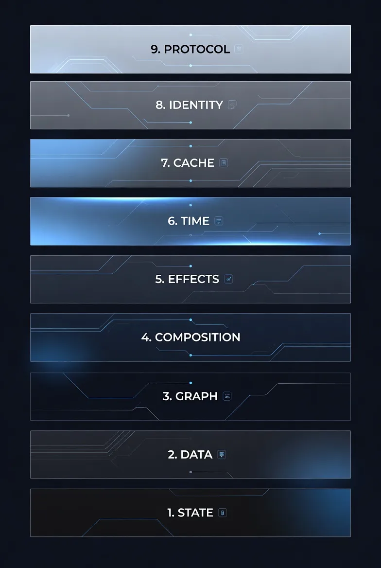 A vertical diagram titled 'Mind Stack' listing nine layers in ascending order: 1. STATE, 2. DATA, 3. GRAPH, 4. COMPOSITION, 5. EFFECTS, 6. TIME, 7. CACHE, 8. IDENTITY, 9. PROTOCOL. Each layer represents a core concept in system architecture, building from foundational state management up to communication protocols.