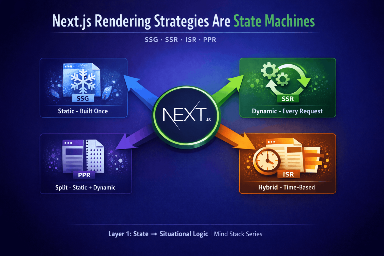 Next.js Rendering Strategies Explained as State Machines (mind-stack series)